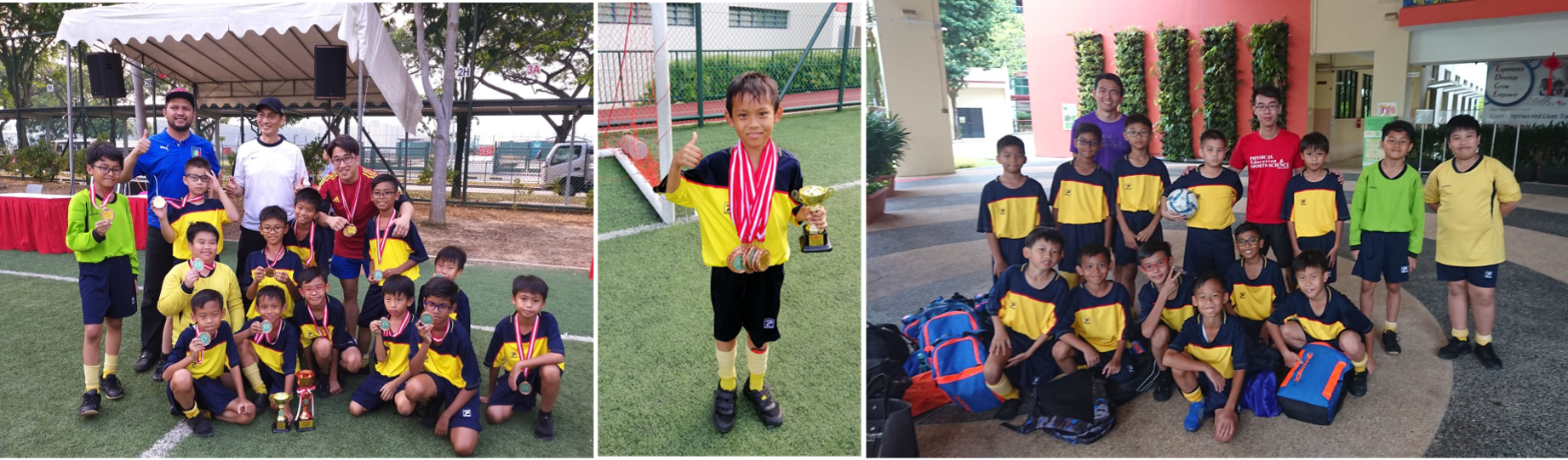 Young soccer players in yellow and navy uniforms pose with medals, trophies, and coaches in three group photos.